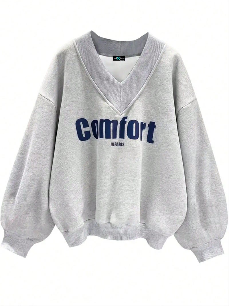 SXV STYLE Comfort in Paris Printed V Neck Letter Graphic Drop Shoulder Grey Baggy Oversized Sweatshirt (in, Alpha, XS, Grey) - Image 1