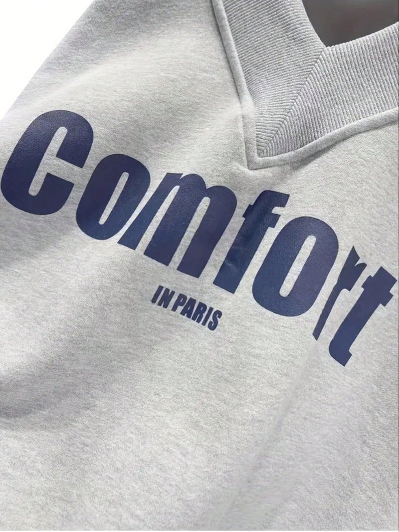 SXV STYLE Comfort in Paris Printed V Neck Letter Graphic Drop Shoulder Grey Baggy Oversized Sweatshirt (in, Alpha, XS, Grey) - Image 3