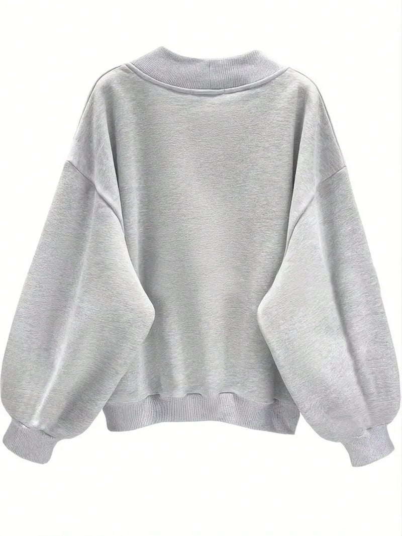 SXV STYLE Comfort in Paris Printed V Neck Letter Graphic Drop Shoulder Grey Baggy Oversized Sweatshirt (in, Alpha, XS, Grey) - Image 2