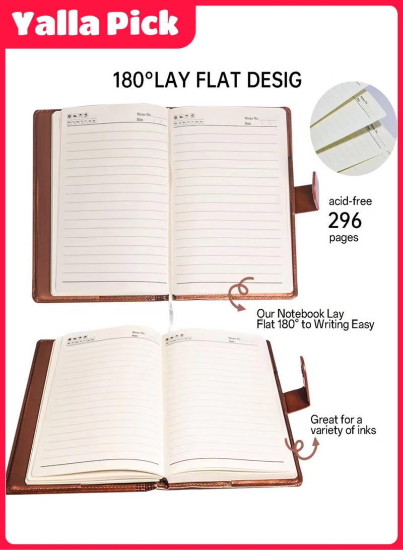 يلا بيك دفتر ملاحظات جلدي A5، غلاف مقوى، ٢٩٦ صفحة، دفتر أعمال بأوراق فضفاضة، دفاتر مسطرة للكتابة والأعمال والدراسة (بني) - Image 3