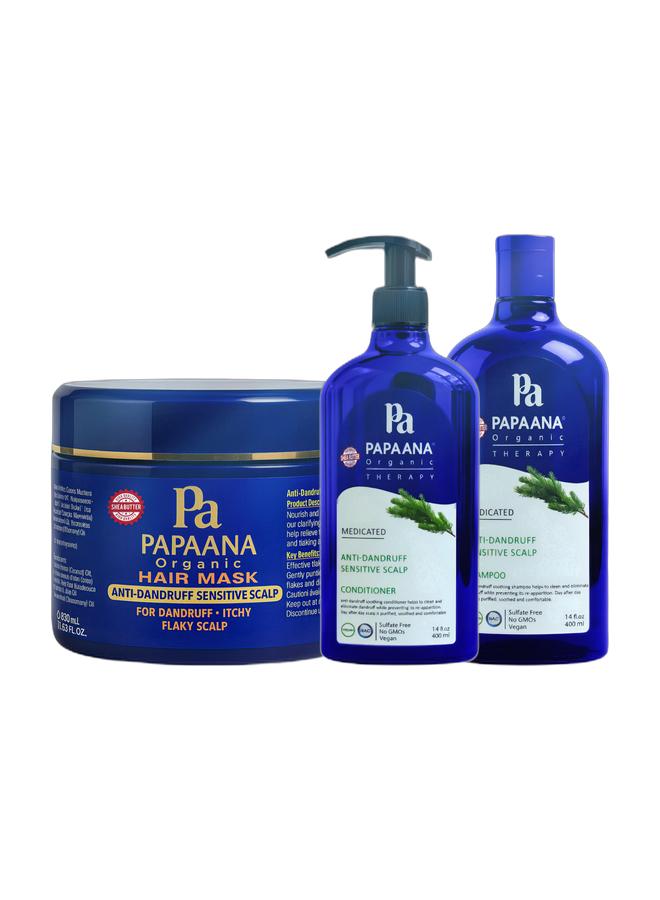 Papaana Organic Anti-Dandruff Sensitive Conditioner with Shea Butter – 400ml, Gentle & Hydrating Solution for Sensitive Scalps with Shea Butter & Anti-Dandruff Sensitive Shampoo with Shea Butter – 400ml, Gentle & Hydrating Solution for Sensitive Scalps with Shea Butter & Anti-Dandruff Sensitive Hair Mask with Shea Butter – 350ml, Soothing & Nourishing Treatment for Scalp & Hair with Shea ButterBundle - Image 1