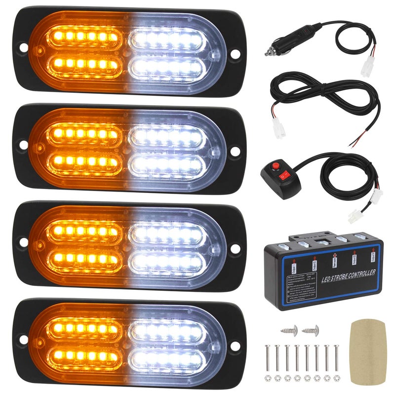 LINKITOM 4pcs Ultra Slim Sync Feature 24LED Car Truck Surface Mount Emergency Hazard Warning Strobe light AmberWhite