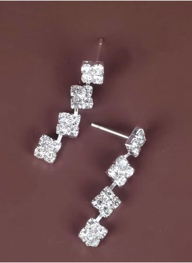 NIBEMINENT - 3Pcs Crystal Rhinestone Jewelry Set Stylish Elegant Classic Square Necklace Zircon Earrings Minimalist Gift for Women Ladies Mother Wife Wedding Party Sliver - Image 1