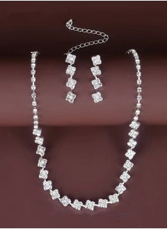 3Pcs Crystal Rhinestone Jewelry Set Stylish Elegant Classic Square Necklace Zircon Earrings Minimalist Gift for Women Ladies Mother Wife Wedding Party Sliver
