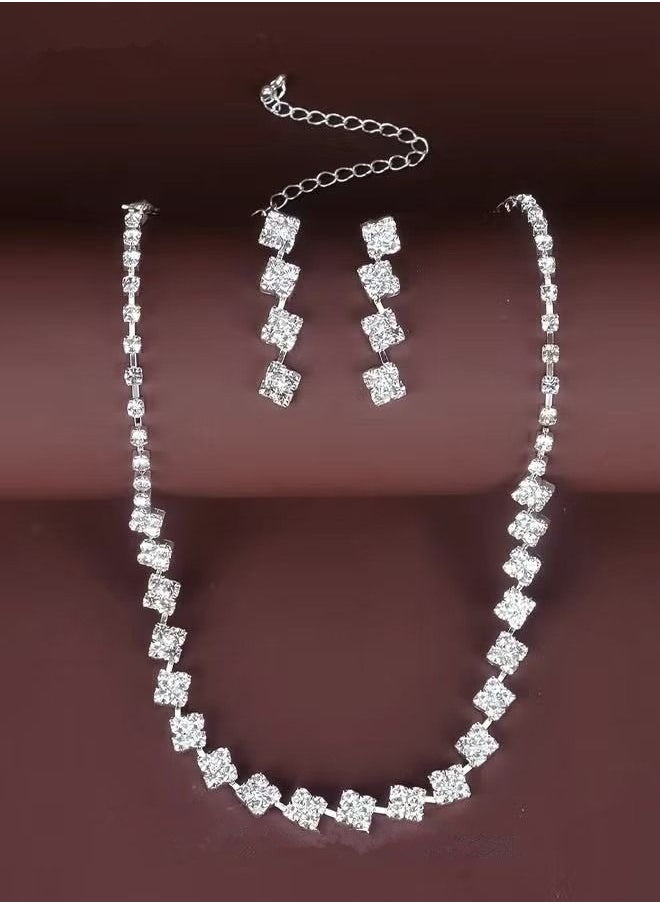 NIBEMINENT - 3Pcs Crystal Rhinestone Jewelry Set Stylish Elegant Classic Square Necklace Zircon Earrings Minimalist Gift for Women Ladies Mother Wife Wedding Party Sliver - Image 1
