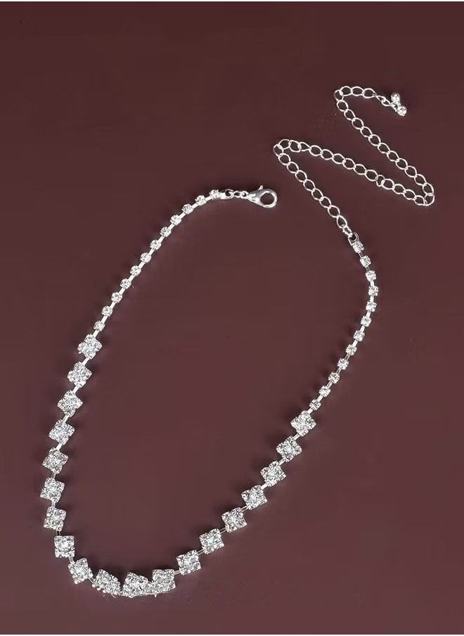 NIBEMINENT - 3Pcs Crystal Rhinestone Jewelry Set Stylish Elegant Classic Square Necklace Zircon Earrings Minimalist Gift for Women Ladies Mother Wife Wedding Party Sliver - Image 1