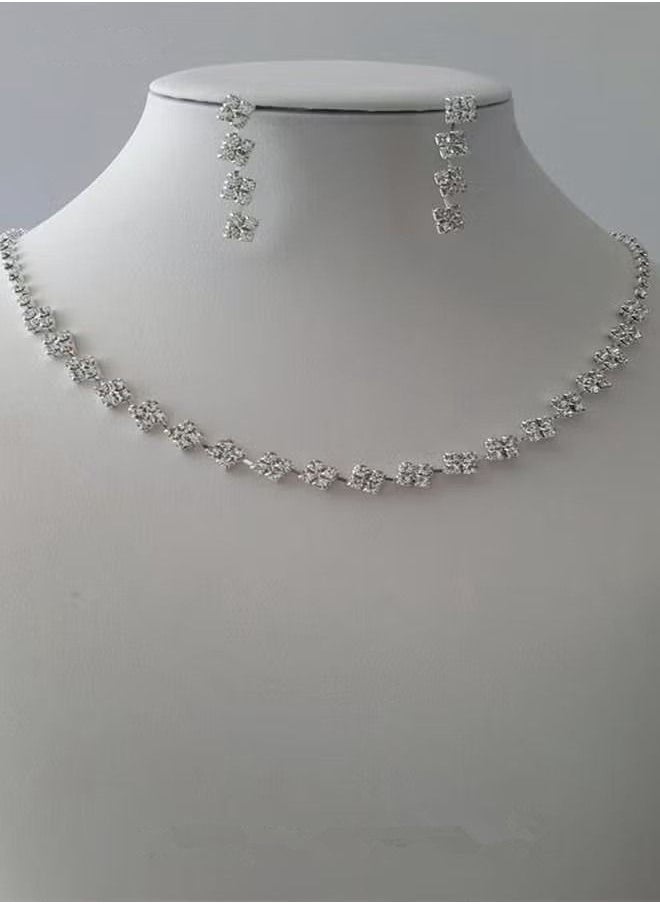 NIBEMINENT - 3Pcs Crystal Rhinestone Jewelry Set Stylish Elegant Classic Square Necklace Zircon Earrings Minimalist Gift for Women Ladies Mother Wife Wedding Party Sliver - Image 1