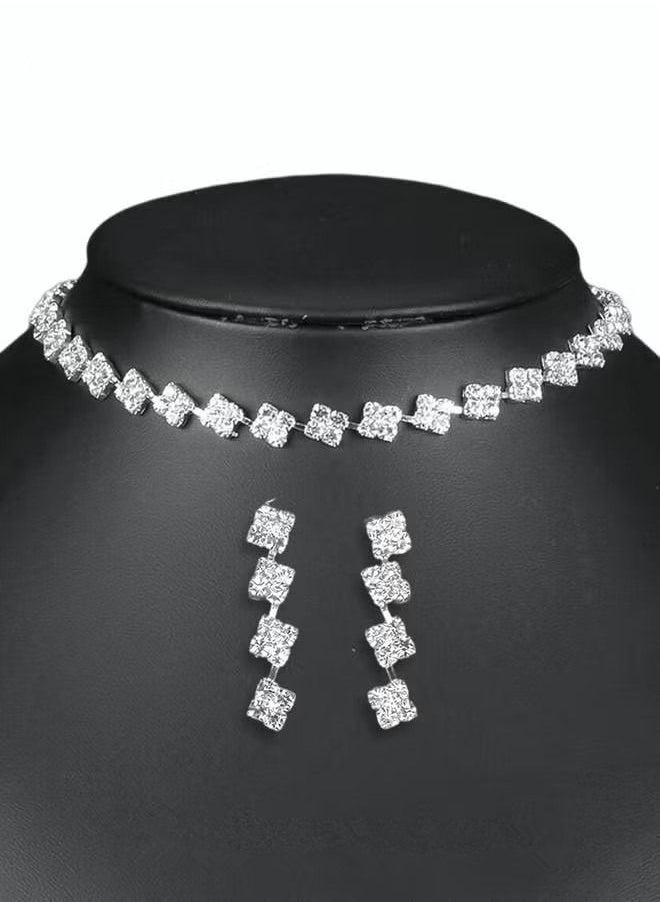 NIBEMINENT - 3Pcs Crystal Rhinestone Jewelry Set Stylish Elegant Classic Square Necklace Zircon Earrings Minimalist Gift for Women Ladies Mother Wife Wedding Party Sliver - Image 1