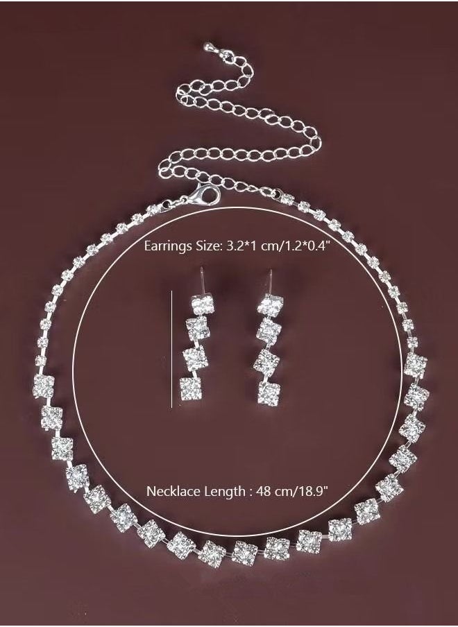 NIBEMINENT - 3Pcs Crystal Rhinestone Jewelry Set Stylish Elegant Classic Square Necklace Zircon Earrings Minimalist Gift for Women Ladies Mother Wife Wedding Party Sliver - Image 1