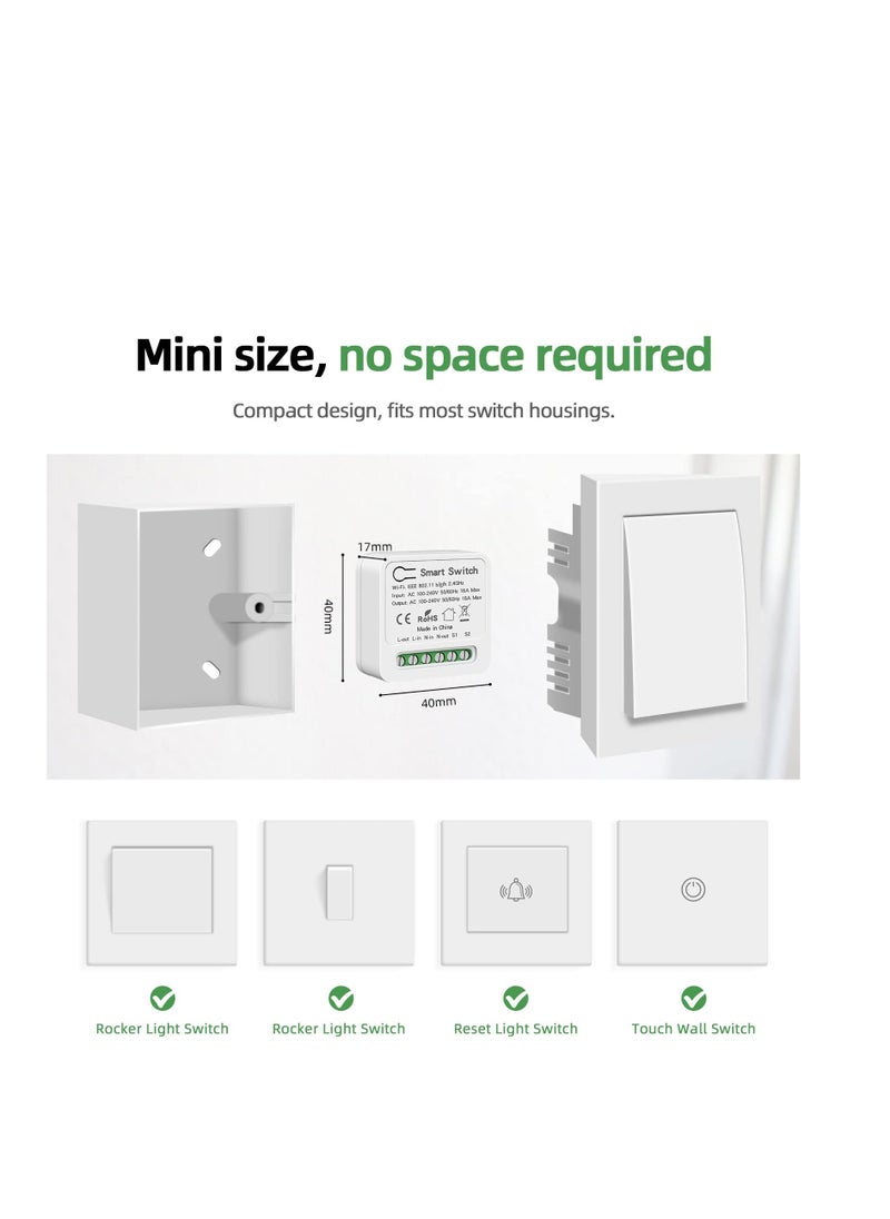 Mini Smart Relay WiFi Switch, 16A DIY Smart Light Switch Module, Smart Life Tuya App Control, Compatible with Alexa and Google Home, Smart Speakers with Appointment Timing Function