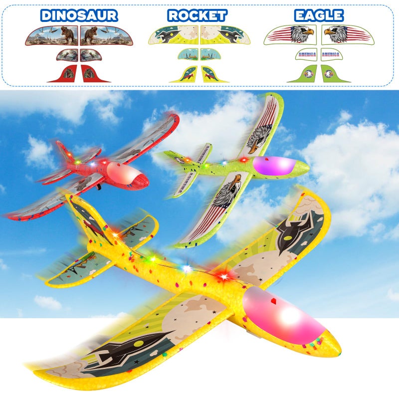 Aiencsai 3 Pack Airplane Launcher Toy for Kids, 12.6" LED Foam Glider Plane, 2 Flight Mode Catapult Plane Boy Toys with Stickers, Outdoor Flying Toys Birthday Gifts for 4 5 6 7 8 9 10 12 Year Old Boys Girls - Image 3