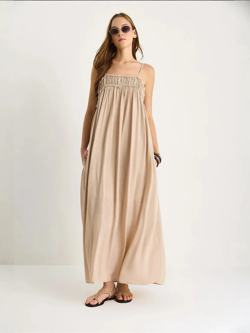 Bianco Lucci LUCCI Embroidered Square Collar Maxi Dress