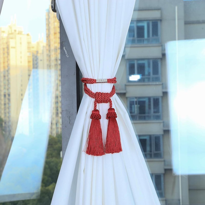 fenghuangwu Magnetic Curtain Tiebacks Tassel Curtain Tieback Modern Handmade Tie Backs,Decorative Tassel Holdback for Draperies,Window Decor (red, 4 Pack) - Image 4