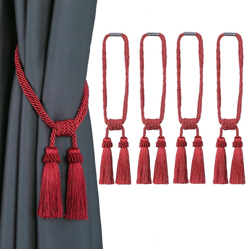 fenghuangwu Magnetic Curtain Tiebacks Tassel Curtain Tieback Modern Handmade Tie Backs,Decorative Tassel Holdback for Draperies,Window Decor (red, 4 Pack) - Image 1