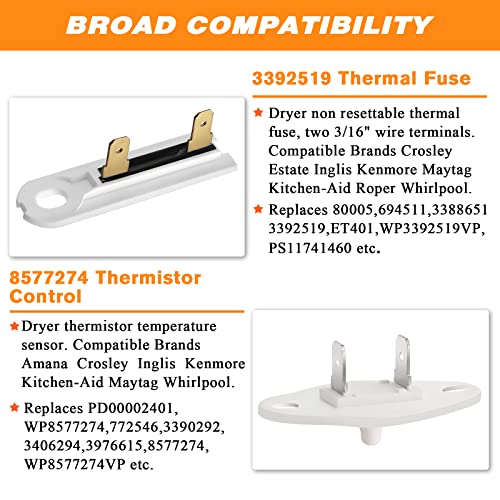 Blutoget 279973 & 3392519 & 8577274 Dryer Thermal Cut-Off Fuse Kit with Thermistor Control and Thermal Fuse by Blutoget -Compatible for Whirlpool, Ken-more, Sam-sung, May-tag electric Dryers. - Image 2