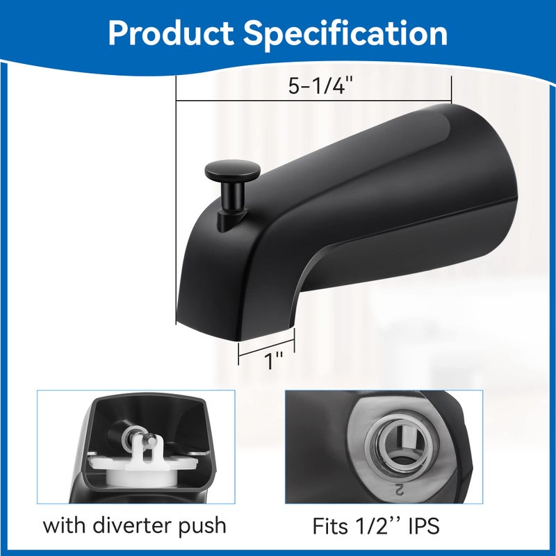 Dreyoo 5 1/4 Inch Bathroom Tub Spout Compatible with Westbrass E531D-1F-62, Fits Wall Front Mount Tub Spout with Shower Diverter 1/2'' IPS Inside Thread Bathtub Faucet(Matte Black) - Image 2