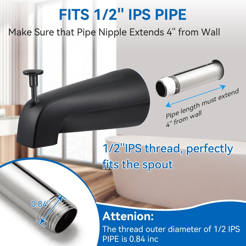 Dreyoo 5 1/4 Inch Bathroom Tub Spout Compatible with Westbrass E531D-1F-62, Fits Wall Front Mount Tub Spout with Shower Diverter 1/2'' IPS Inside Thread Bathtub Faucet(Matte Black) - Image 3
