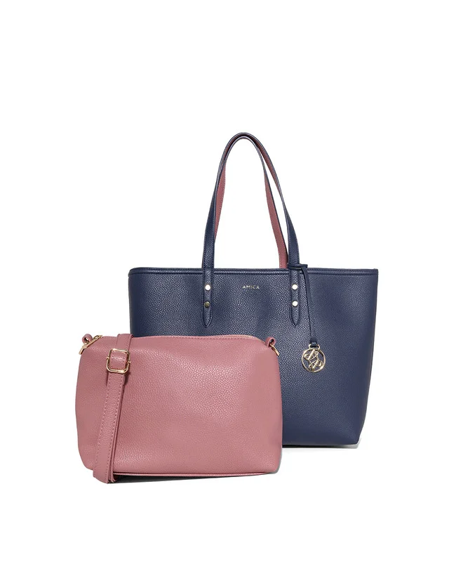 AMICA AMICA Leonie Reversible Tote Bag in Soft Leather with Pouch in Navy Blue & Dusty Pink
