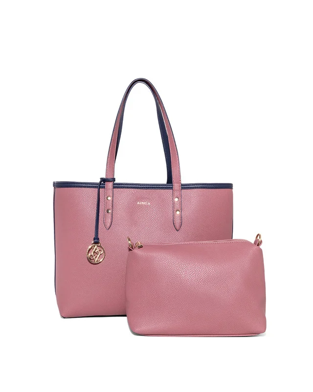 AMICA AMICA Leonie Reversible Tote Bag in Soft Leather with Pouch in Navy Blue & Dusty Pink