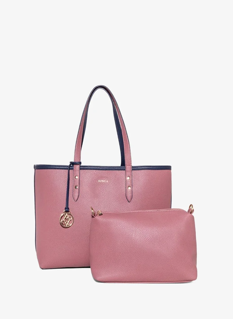 أميكا AMICA Leonie Reversible Tote Bag in Soft Leather with Pouch in Navy Blue & Dusty Pink