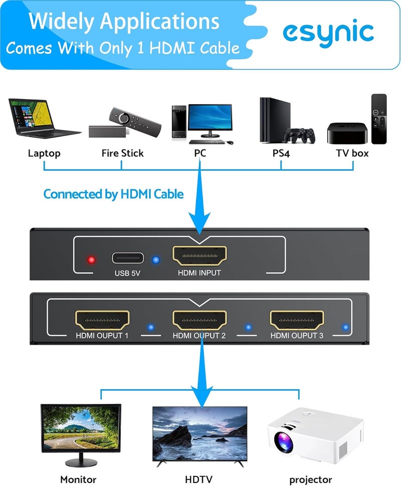 eSynic Portable HDMI Splitter 1 in 3 Out [Only Mirror Mode-No Extend Mode] 4K@30HZ HDMI Audio Converter Metal Case 3 Way HDCP 1.4 Hdcp Bypass Splitter 3 Port for Fire Stick PS4 Blu-ray Player - Image 2