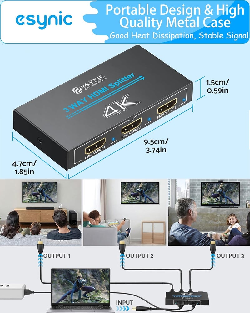 eSynic Portable HDMI Splitter 1 in 3 Out [Only Mirror Mode-No Extend Mode] 4K@30HZ HDMI Audio Converter Metal Case 3 Way HDCP 1.4 Hdcp Bypass Splitter 3 Port for Fire Stick PS4 Blu-ray Player - Image 3
