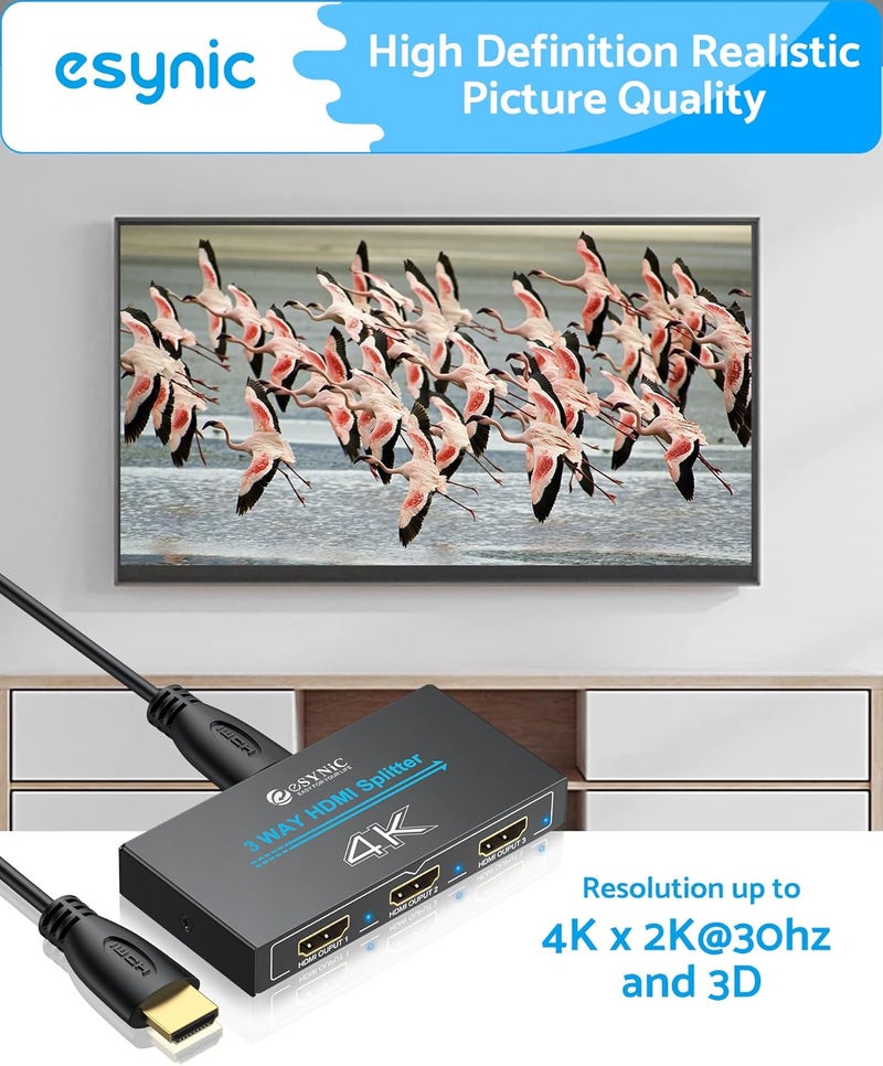 eSynic Portable HDMI Splitter 1 in 3 Out [Only Mirror Mode-No Extend Mode] 4K@30HZ HDMI Audio Converter Metal Case 3 Way HDCP 1.4 Hdcp Bypass Splitter 3 Port for Fire Stick PS4 Blu-ray Player - Image 4
