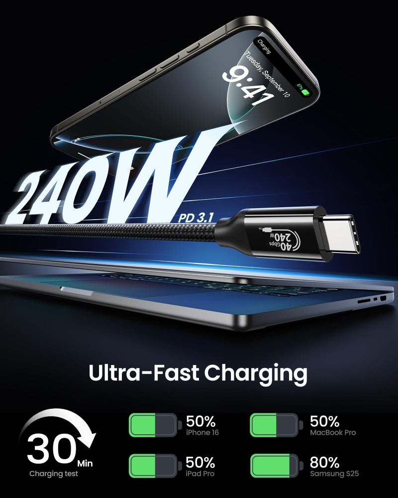 Silkland 240W USB C to USB C Cable 1FT, [USB-IF Certified] USB C Fast Charging Cable, 40Gbps Data Transfer/8K Display USB 4 Cable for Thunderbolt 4, Compatible for iPhone 17/16, MacBook, Mac mini, SSD - Image 5