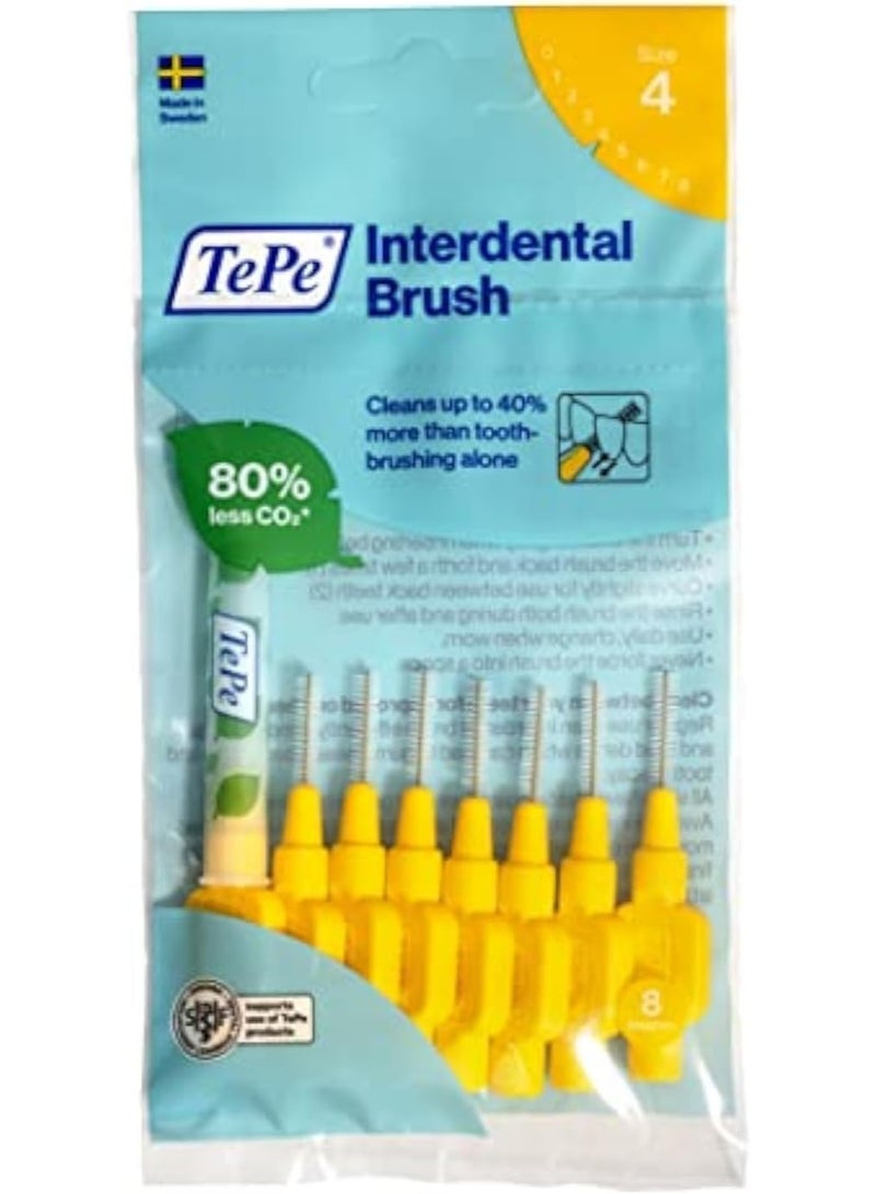 TePe Interdental Brushes – 0.7mm / ISO 4 – Pack of 8 – Manual – Yellow – Effective for Narrow Gaps and Tartar Removal