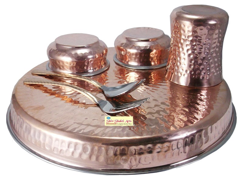 SHIV SHAKTI ARTS طقم عشاء تقليدي من الفولاذ المقاوم للصدأ والنحاس من شيف شاكتي آرتس مكون من 6 قطع: 1 طبق ثالي، 2 وعاء هاندي، 1 كوب، 1 شوكة، 1 ملعقة - Image 2