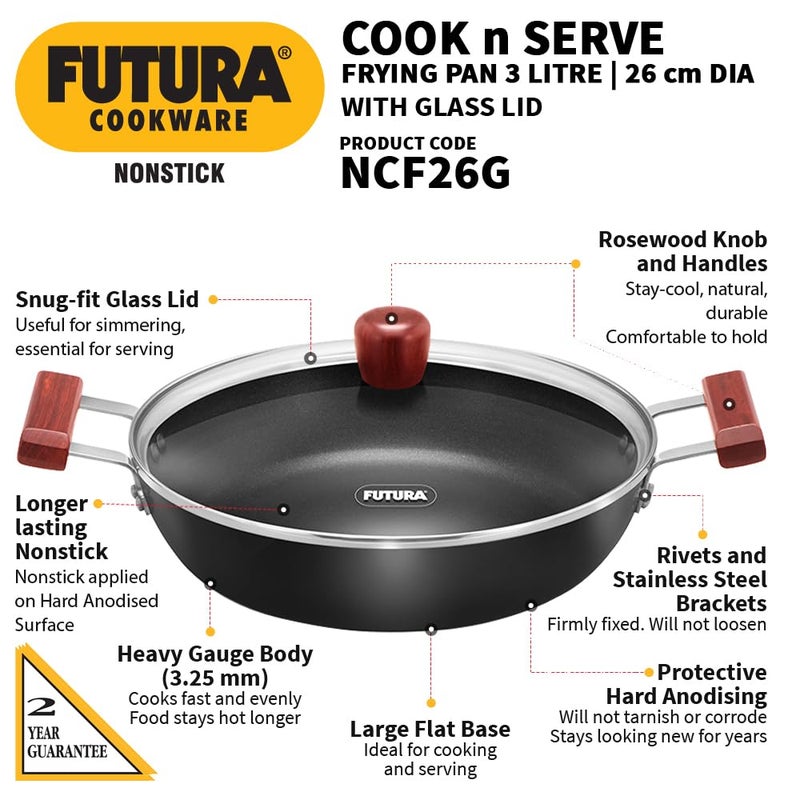 Hawkins Futura 3 Litre Cook n Serve Fry Pan, 26cm Non Stick Fry Pan with Glass Lid, Big Fry Pan, Black (NCF26G) - Image 2