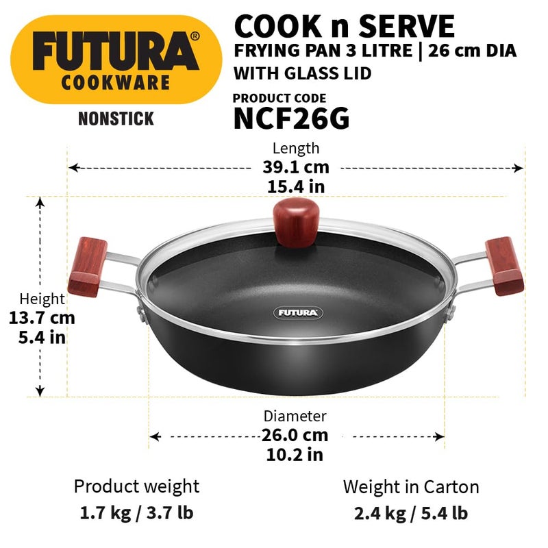 Hawkins Futura 3 Litre Cook n Serve Fry Pan, 26cm Non Stick Fry Pan with Glass Lid, Big Fry Pan, Black (NCF26G) - Image 3