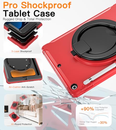BATYUE Shockproof Case for iPad 7th/8th/9th Gen 2019/2020/2021 | 360° Multi-Angle Stand (Portrait & Landscape) & Grip, Built-in Screen Protector, Pencil Holder, Red - Image 3
