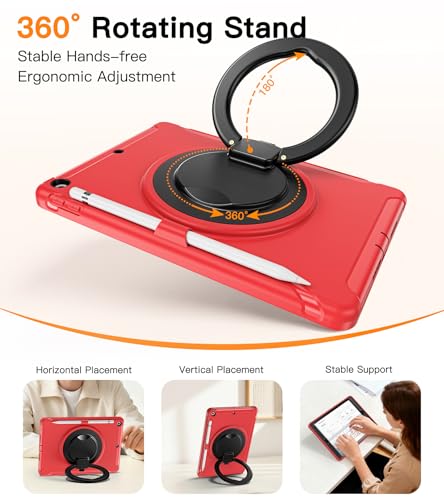 BATYUE Shockproof Case for iPad 7th/8th/9th Gen 2019/2020/2021 | 360° Multi-Angle Stand (Portrait & Landscape) & Grip, Built-in Screen Protector, Pencil Holder, Red - Image 4