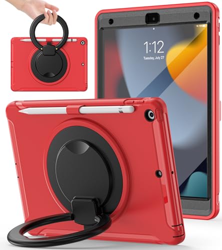 BATYUE Shockproof Case for iPad 7th/8th/9th Gen 2019/2020/2021 | 360° Multi-Angle Stand (Portrait & Landscape) & Grip, Built-in Screen Protector, Pencil Holder, Red - Image 1