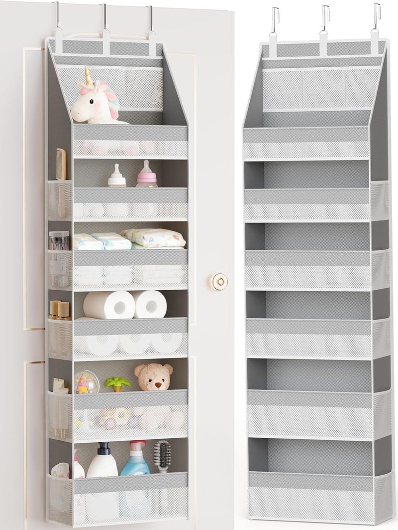 NIUB Over the Door Organizer, 6-Shelf Closet Hanging Storage with 13 Mesh Pockets, 55lbs Capacity Behind the Door Storage for Baby Nursery, Bathroom, Bedroom, and Dorm (Grey) - Image 1