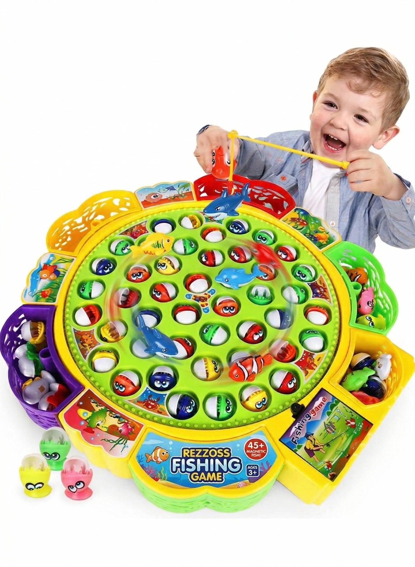 45-Piece Rotating Fishing Game Board for Kids – Up to 5 Players Interactive Family STEM Toy | Multicolor Catching Game for Motor Skills | Sensory Pretend Play | Best Eid, Ramadan, Birthday Party Favor Gift for Toddlers Boys & Girls