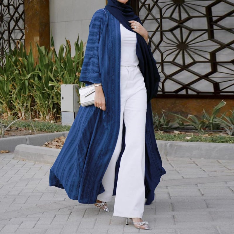 ODIZLI Abaya Dress For Women Cardigan Robe Muslim Clothes Long Sleeve Stripe Open Front Kaftan Dress Loose Kimono Middle East Ethnic Shirts Dress Eid Ramadan Tight Knot Corban Navy Blue Long Cardigan S - Image 4