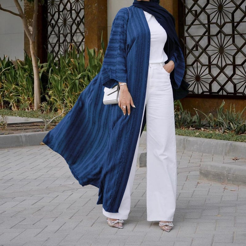 ODIZLI Abaya Dress For Women Cardigan Robe Muslim Clothes Long Sleeve Stripe Open Front Kaftan Dress Loose Kimono Middle East Ethnic Shirts Dress Eid Ramadan Tight Knot Corban Navy Blue Long Cardigan S - Image 5