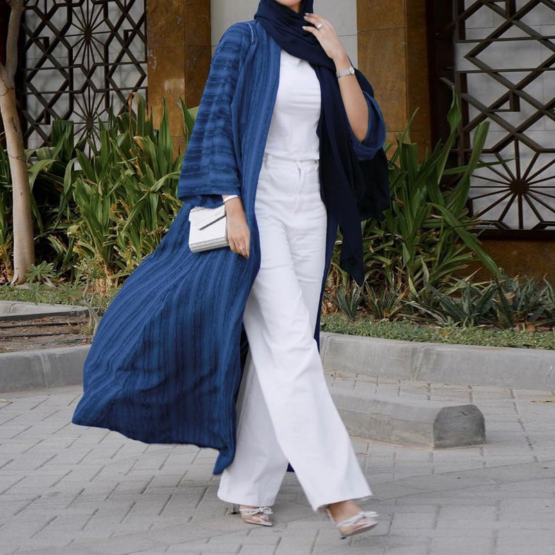 ODIZLI Abaya Dress For Women Cardigan Robe Muslim Clothes Long Sleeve Stripe Open Front Kaftan Dress Loose Kimono Middle East Ethnic Shirts Dress Eid Ramadan Tight Knot Corban Navy Blue Long Cardigan S - Image 2