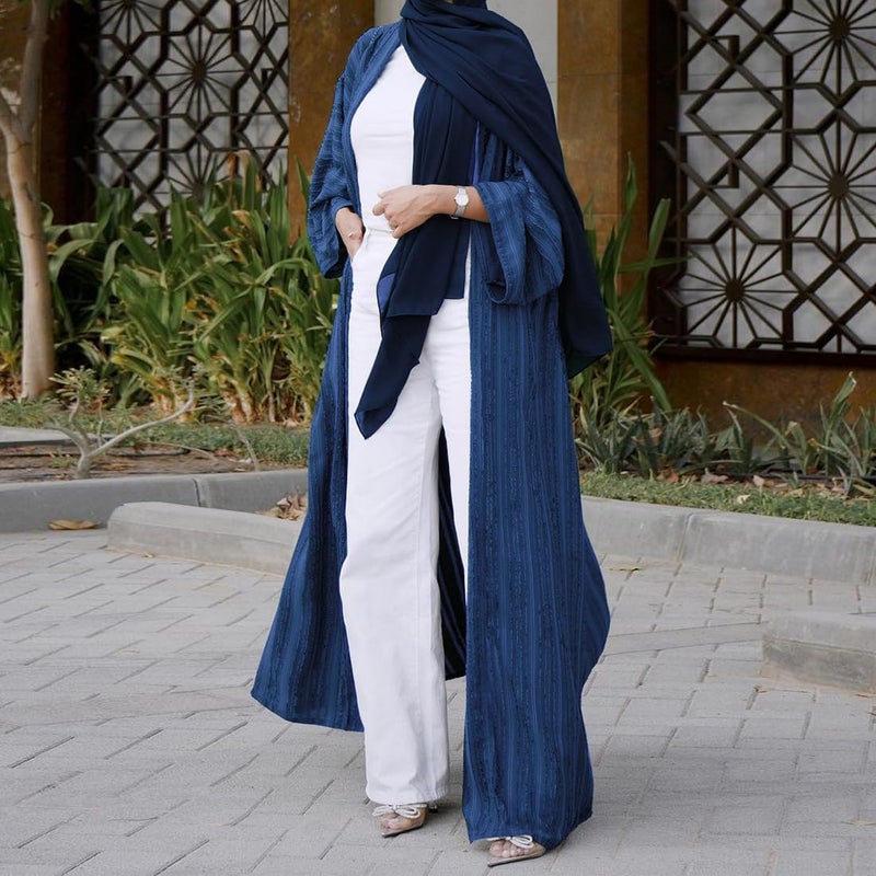 ODIZLI Abaya Dress For Women Cardigan Robe Muslim Clothes Long Sleeve Stripe Open Front Kaftan Dress Loose Kimono Middle East Ethnic Shirts Dress Eid Ramadan Tight Knot Corban Navy Blue Long Cardigan S - Image 3