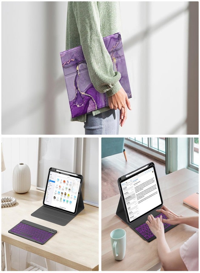 Soke for iPad (A16) 11th/10th Generation Case with Keyboard(2025/2022)-7 Color Backlight Wireless Detachable Folio Keyboard Cover with Built-in Pencil Holder for iPad 11/10.9 inch, Purple Marble - Image 5