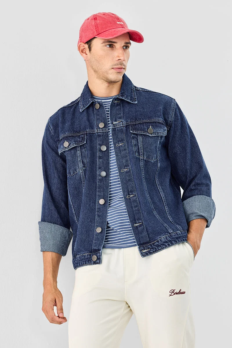 سنيتش Blue Textured Long Sleeve Regular Fit Streetwear Jacket