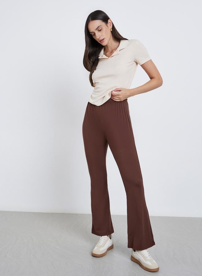 Styli Coffee Brown Elastic Waistband Flared Leggings - Image 1