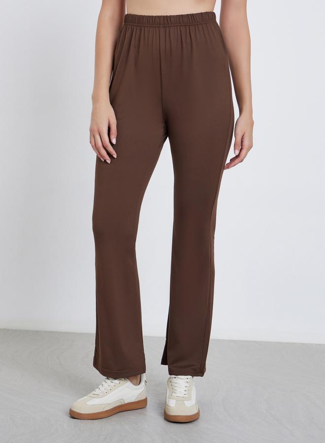 Styli Coffee Brown Elastic Waistband Flared Leggings - Image 2