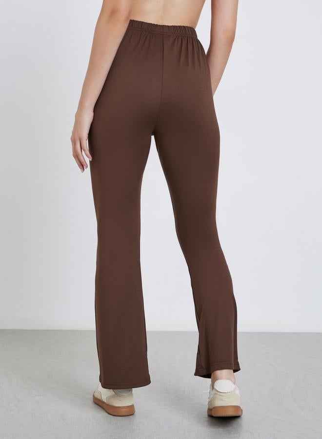 Styli Coffee Brown Elastic Waistband Flared Leggings - Image 4