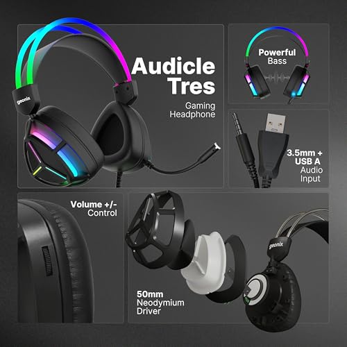 Geonix Audicle Tres Stereo Wired Gaming Over Ear Headphone with RGB Light, 50mm Neodymium Driver, 2 Mtr braided Cable, Flexible mic, Extra Soft Cushion, Suspension Headband, 3.5mm+USB Connector(Black) - Image 2