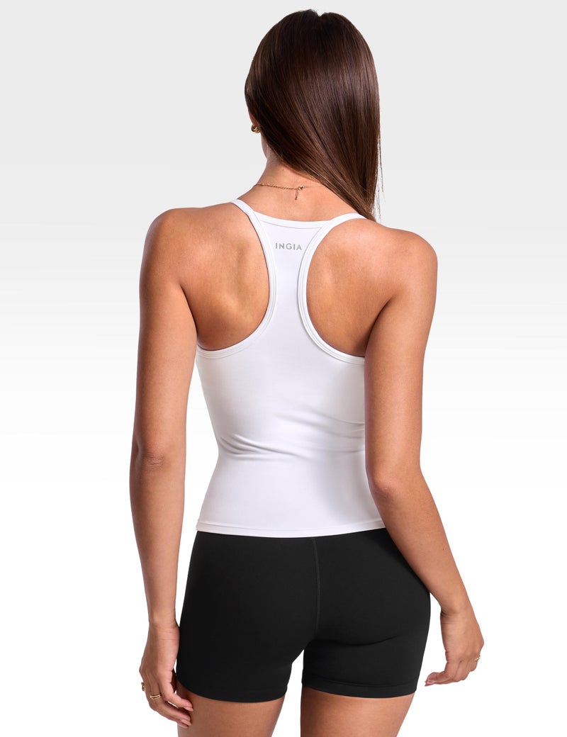 INGIA Womens Low Scoop Neck Racerback Tank Top Workout Yoga Pilates Camisole Built-in Bra Fitted Sleeveless Shirt White Small - Image 2