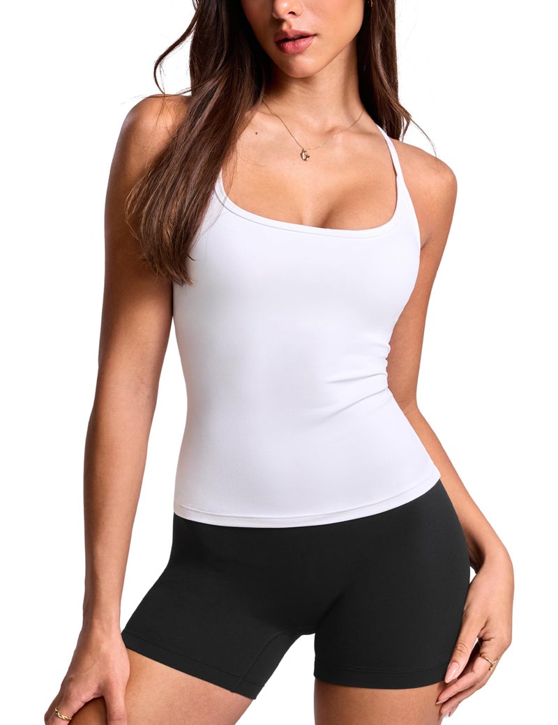 INGIA Womens Low Scoop Neck Racerback Tank Top Workout Yoga Pilates Camisole Built-in Bra Fitted Sleeveless Shirt White Small - Image 1