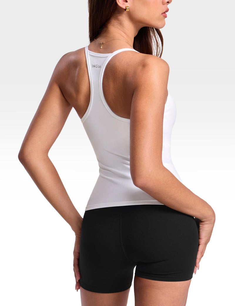INGIA Womens Low Scoop Neck Racerback Tank Top Workout Yoga Pilates Camisole Built-in Bra Fitted Sleeveless Shirt White Small - Image 4